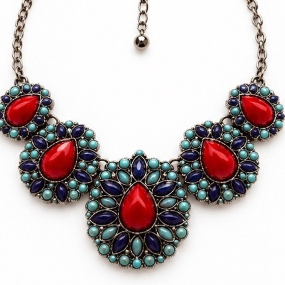 Bohemian Necklace Red Navy Turquoise Teardrop Resin Bib Statement Silver Tone